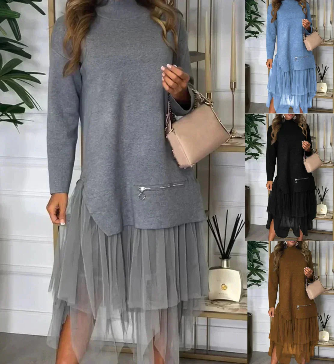 Eleni™ - Gebreide jurk met effen patchwork voor casual Dames